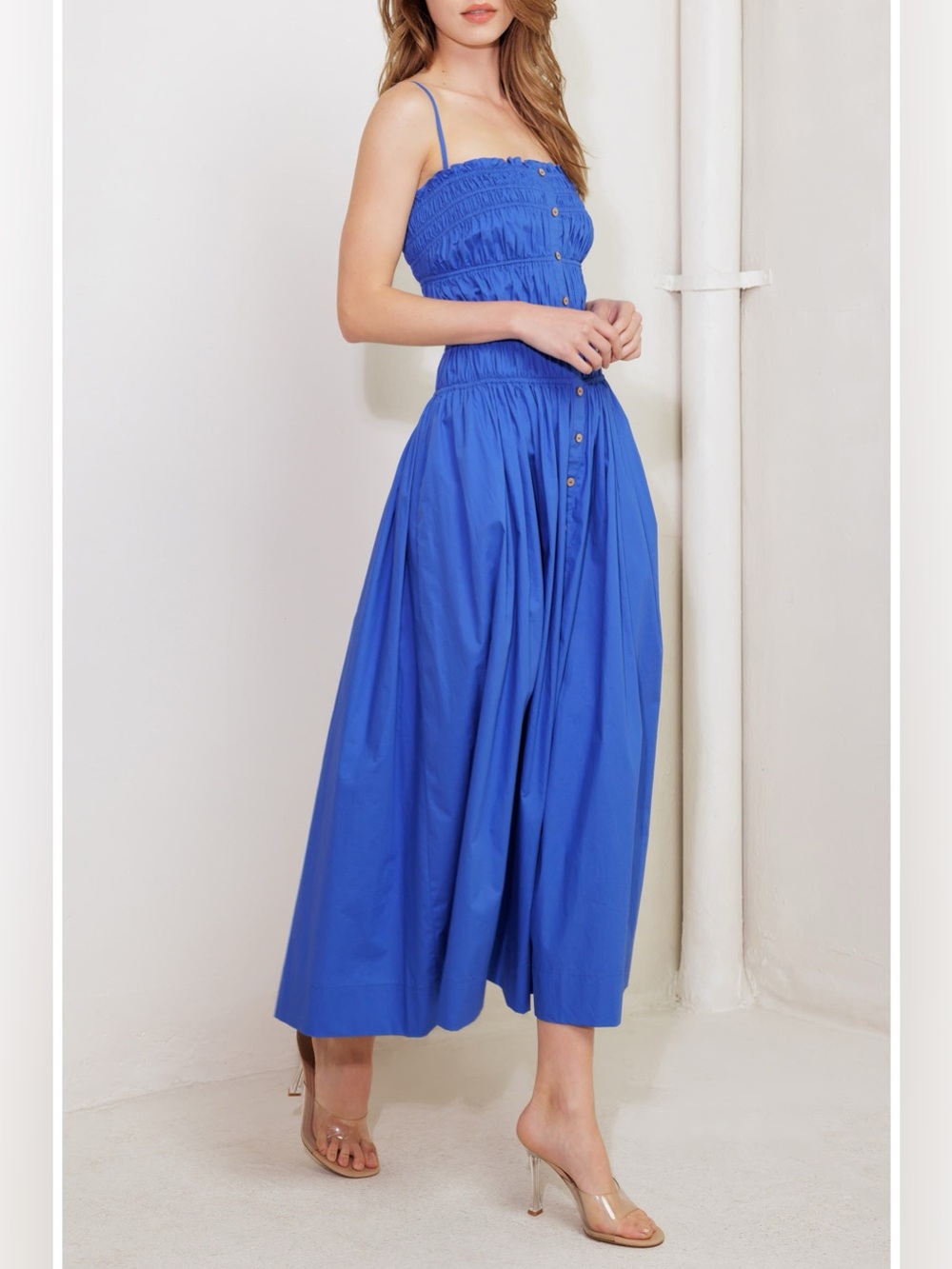 FREEMARKET Shirred Cotton Button Maxi Sundress Cobalt Blue